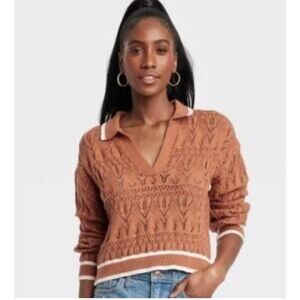 Universal Thread bohoWomen's Terracotta V-Neck collared crochet pullover Sweater